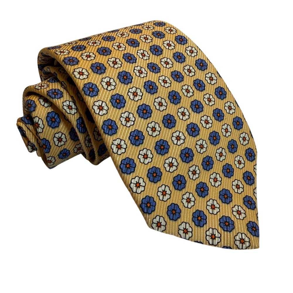 Robert Talbott Tie Mens Floral Medallion Yellow Blue Silk USA Hand Sewn Tie VTG